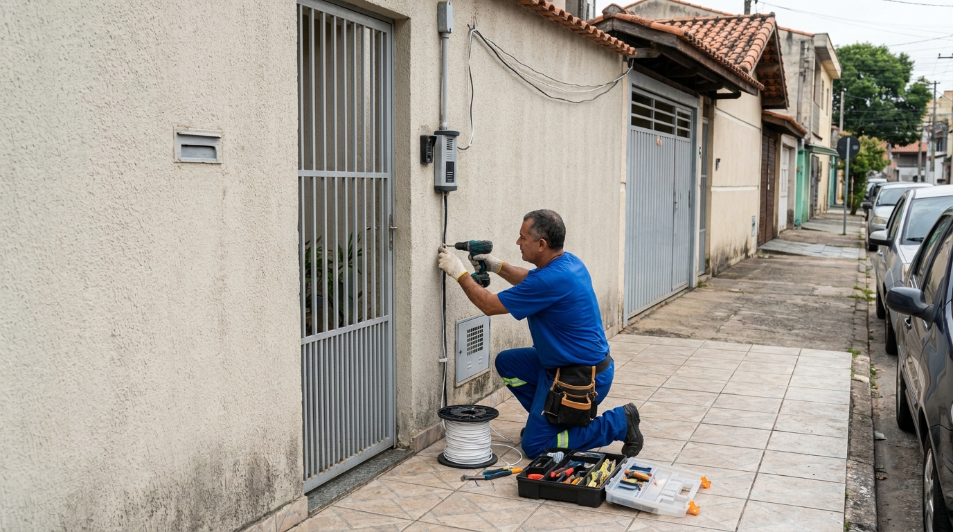 Eletricista instalando interfone de portão em Franca‑SP
