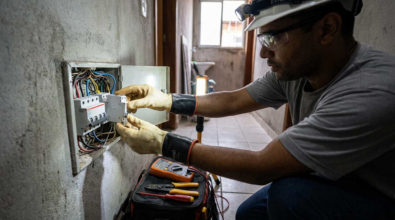 Eletricista comercial instalando disjuntor em Franca‑SP